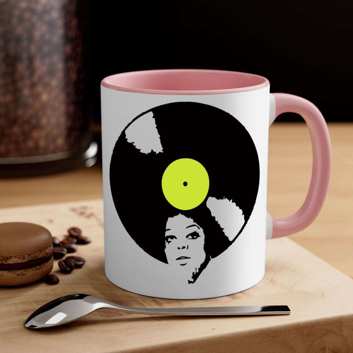 Afrovinyl 63# Mug featuring a glossy finish, colorful handle, and interior, designed for black women and girls, available in multiple colors.