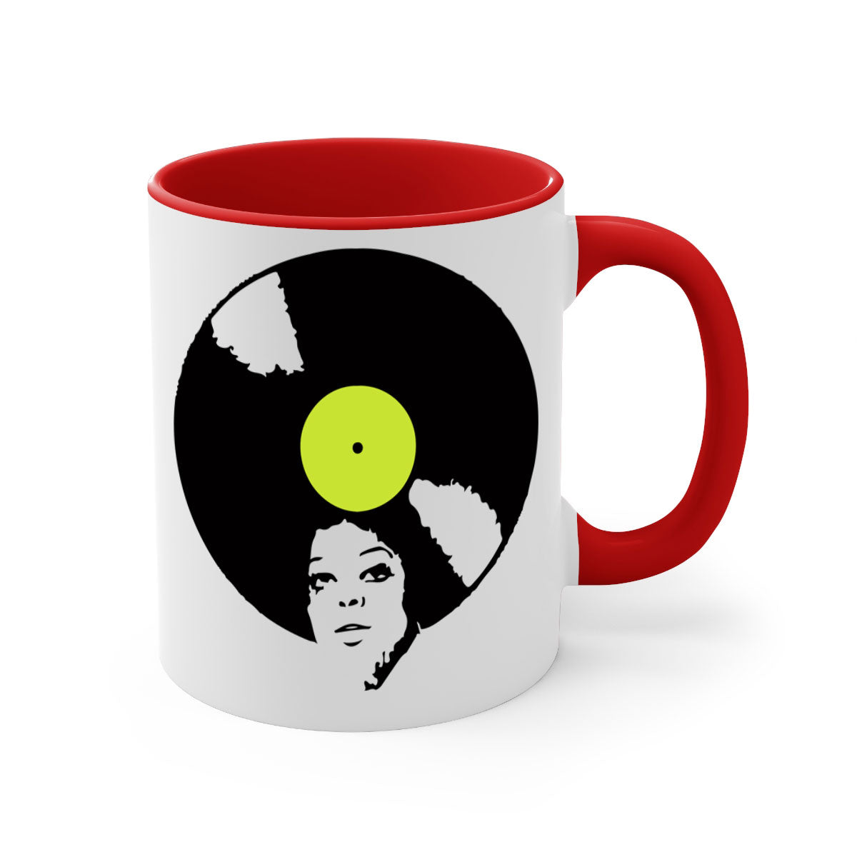 Afrovinyl 63# Mug featuring a glossy finish, colorful handle, and interior, designed for black women and girls, available in multiple colors.
