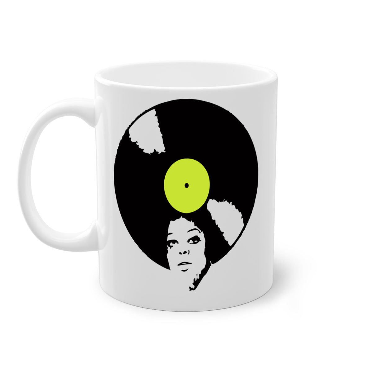 Afrovinyl 63# Mug featuring a glossy finish, colorful handle, and interior, designed for black women and girls, available in multiple colors.