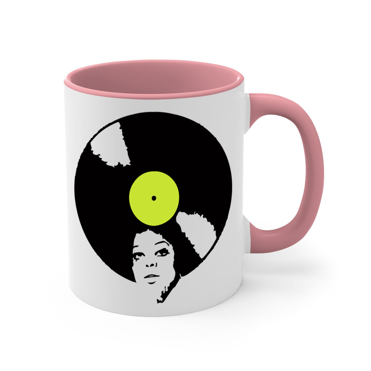 Afrovinyl 63# Mug featuring a glossy finish, colorful handle, and interior, designed for black women and girls, available in multiple colors.