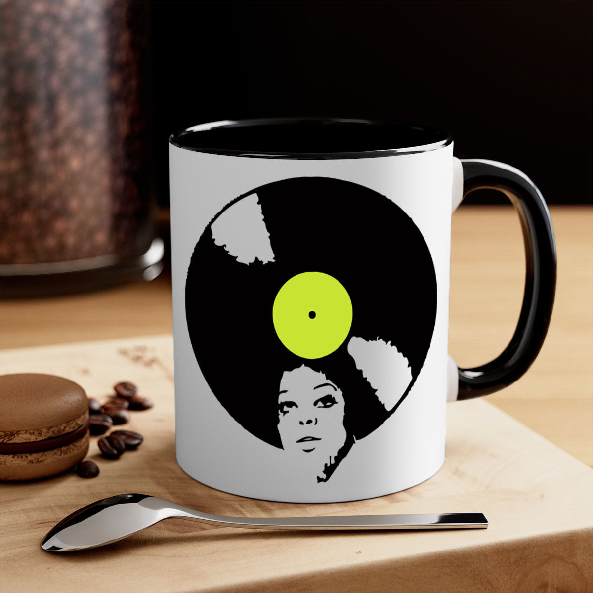 Afrovinyl 63# Mug featuring a glossy finish, colorful handle, and interior, designed for black women and girls, available in multiple colors.