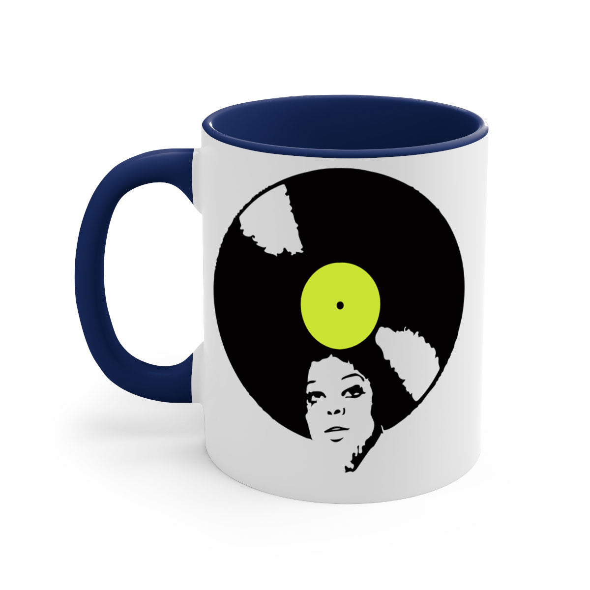 Afrovinyl 63# Mug featuring a glossy finish, colorful handle, and interior, designed for black women and girls, available in multiple colors.