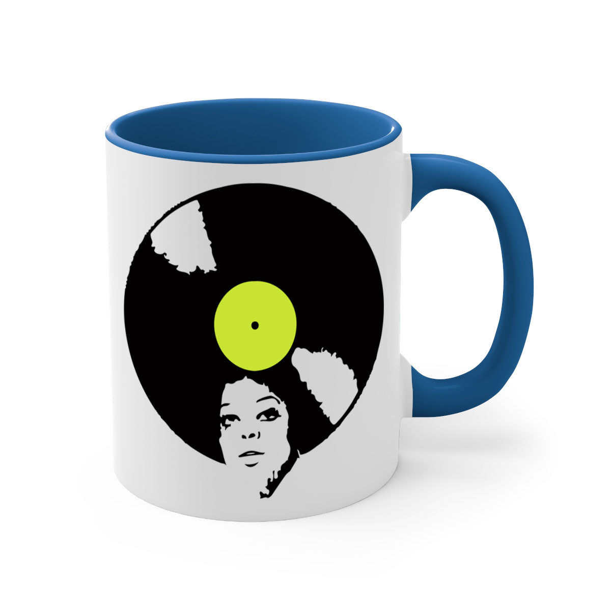 Afrovinyl 63# Mug featuring a glossy finish, colorful handle, and interior, designed for black women and girls, available in multiple colors.