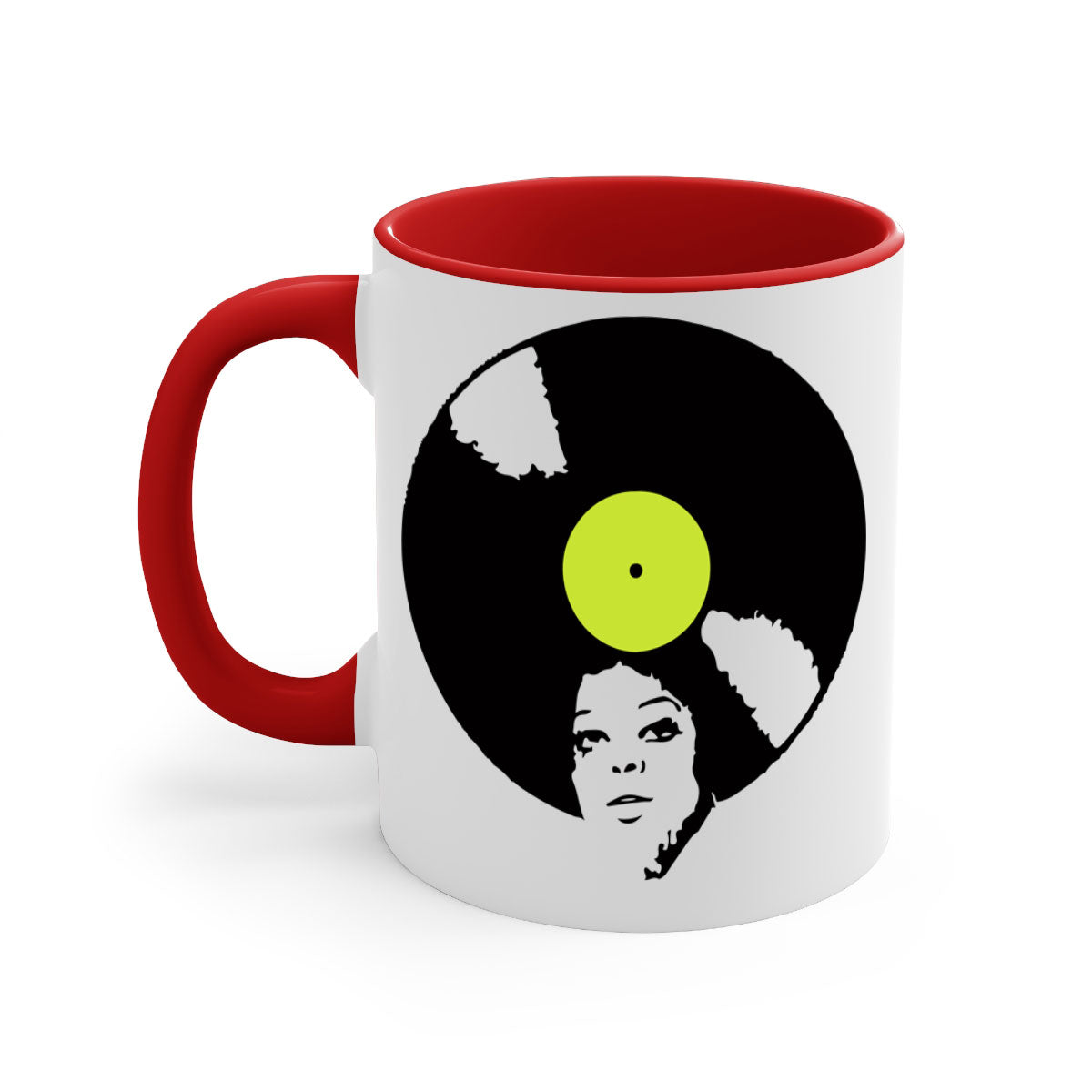 Afrovinyl 63# Mug featuring a glossy finish, colorful handle, and interior, designed for black women and girls, available in multiple colors.