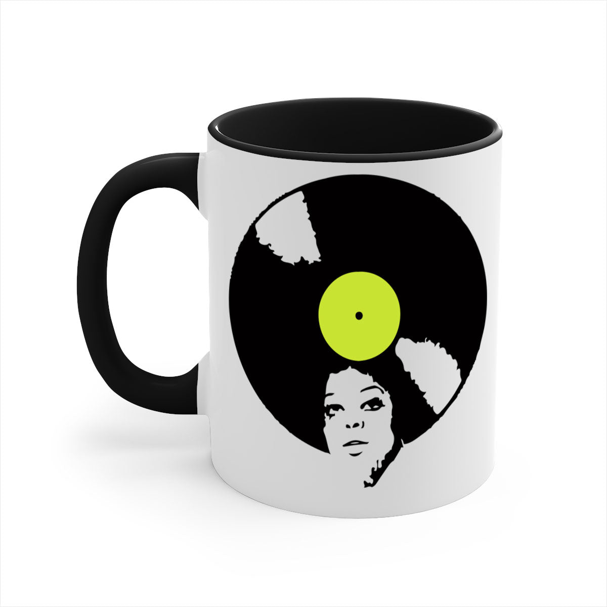 Afrovinyl 63# Mug featuring a glossy finish, colorful handle, and interior, designed for black women and girls, available in multiple colors.