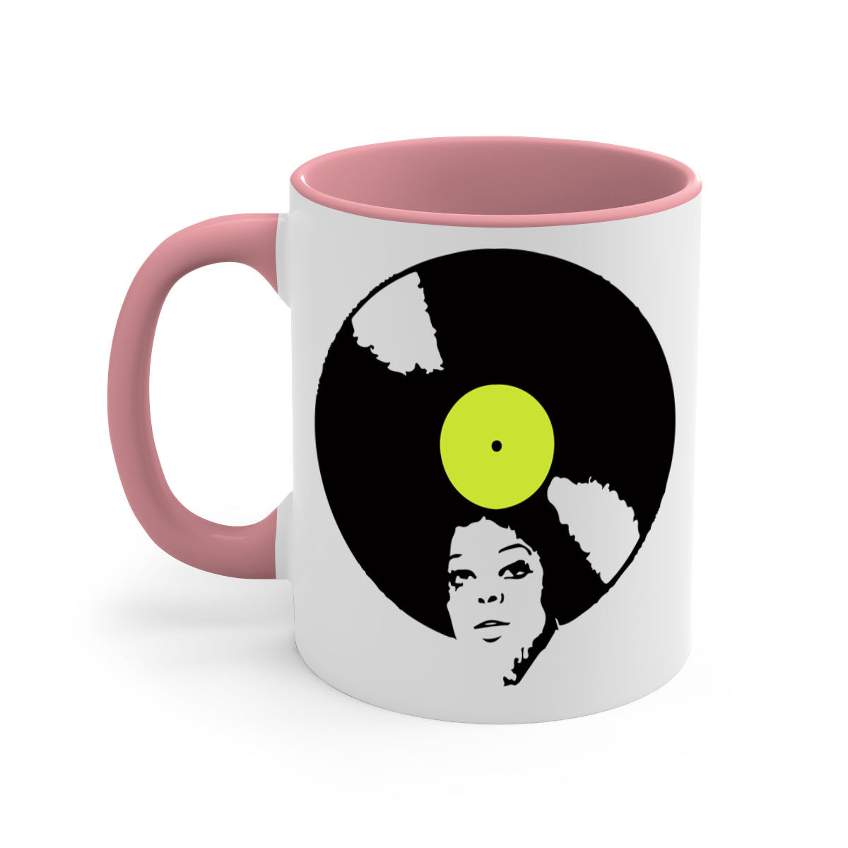 Afrovinyl 63# Mug featuring a glossy finish, colorful handle, and interior, designed for black women and girls, available in multiple colors.