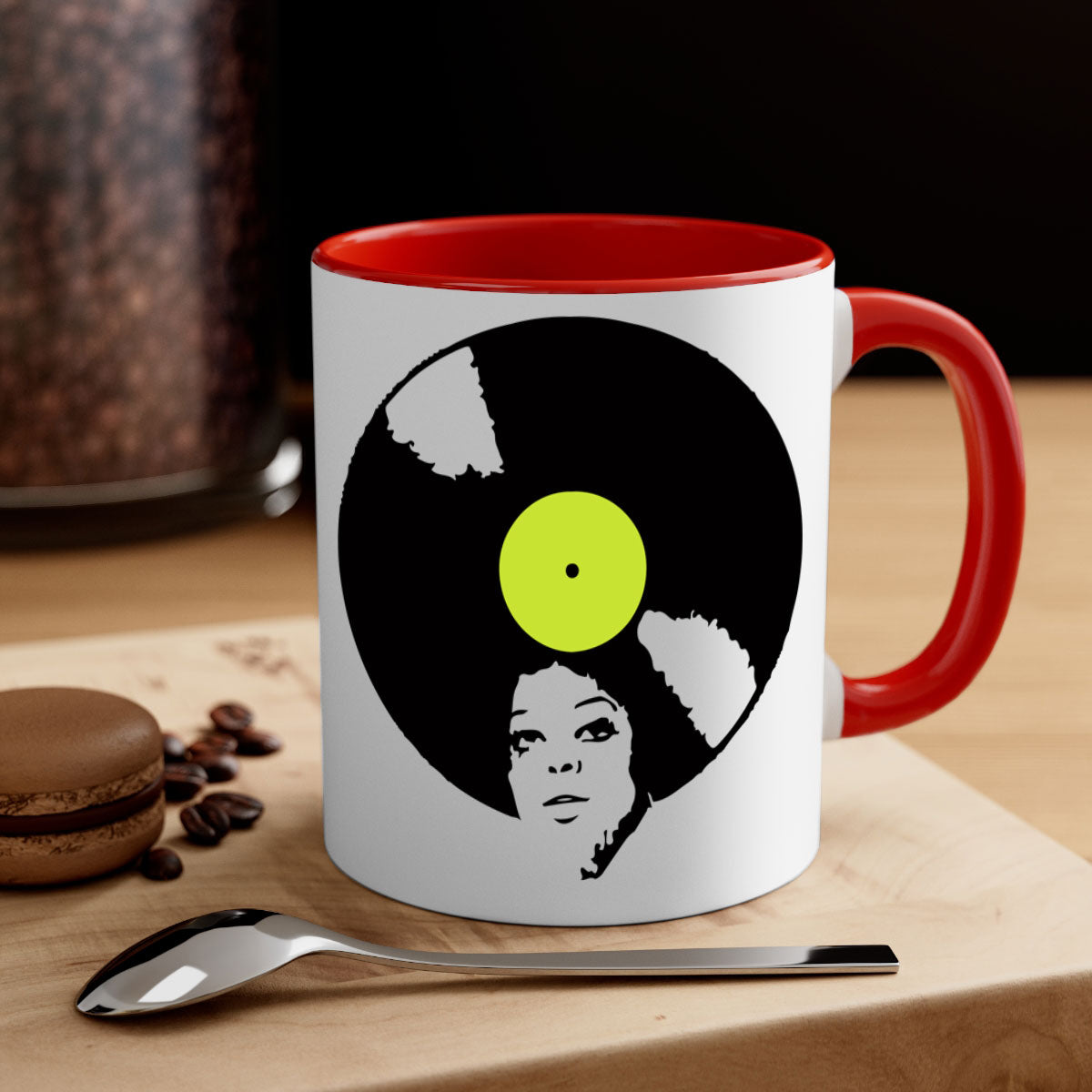 Afrovinyl 63# Mug featuring a glossy finish, colorful handle, and interior, designed for black women and girls, available in multiple colors.