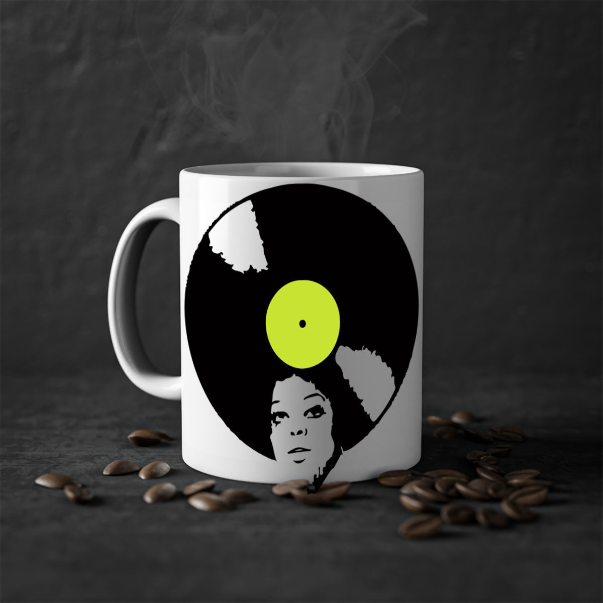 Afrovinyl 63# Mug featuring a glossy finish, colorful handle, and interior, designed for black women and girls, available in multiple colors.