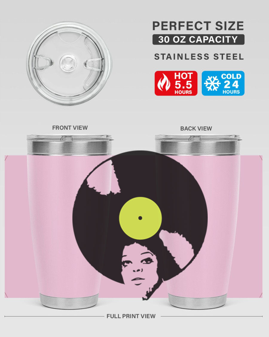 Afrovinyl 63# Tumbler in stainless steel with vibrant design, perfect for women and girls, showcasing its double wall vacuum insulation.