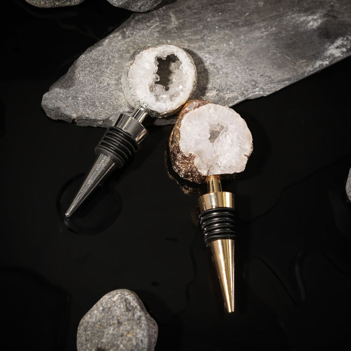 Agate Crystal Bottle Stopper in two colors, showcasing a unique geode design with a gold or silver plated edge.