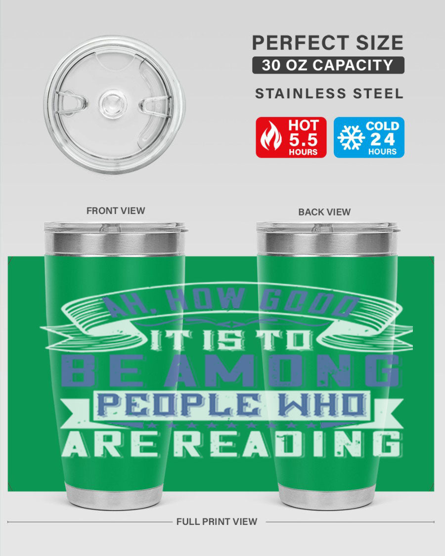 A stylish 20oz and 30oz stainless steel tumbler with a drink-thru lid, perfect for keeping beverages hot or cold while reading.