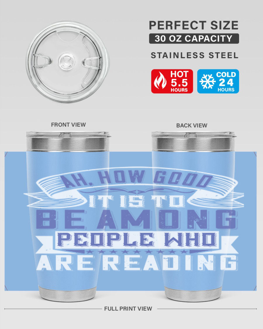 A stylish 20oz and 30oz stainless steel tumbler with a drink-thru lid, perfect for keeping beverages hot or cold while reading.