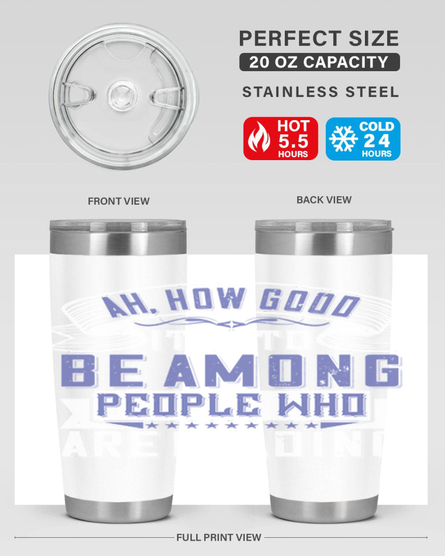 A stylish 20oz and 30oz stainless steel tumbler with a drink-thru lid, perfect for keeping beverages hot or cold while reading.