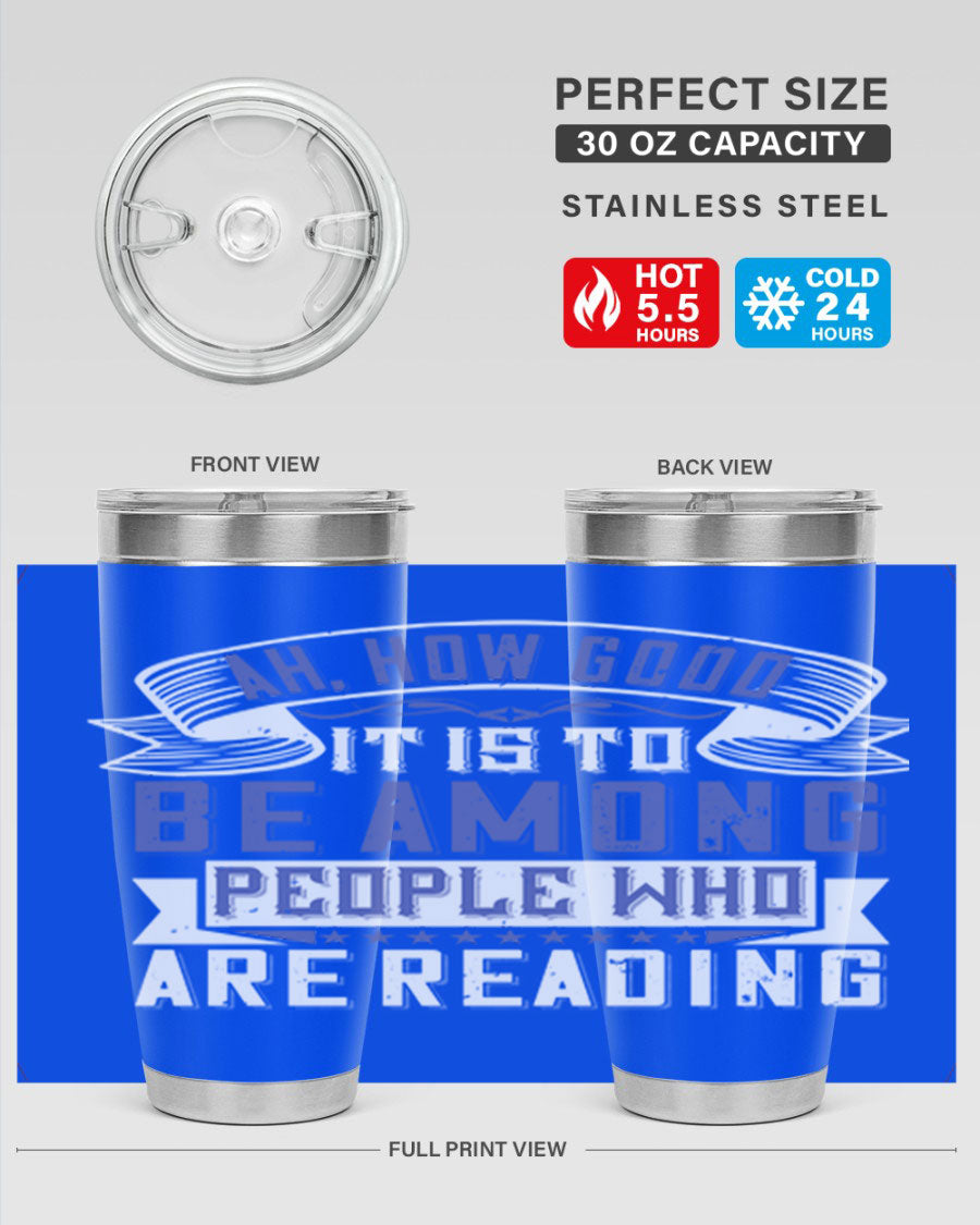 A stylish 20oz and 30oz stainless steel tumbler with a drink-thru lid, perfect for keeping beverages hot or cold while reading.