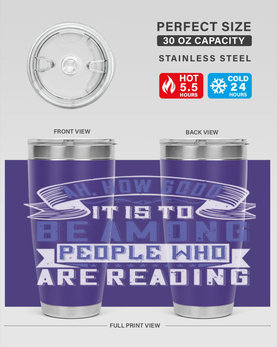 A stylish 20oz and 30oz stainless steel tumbler with a drink-thru lid, perfect for keeping beverages hot or cold while reading.