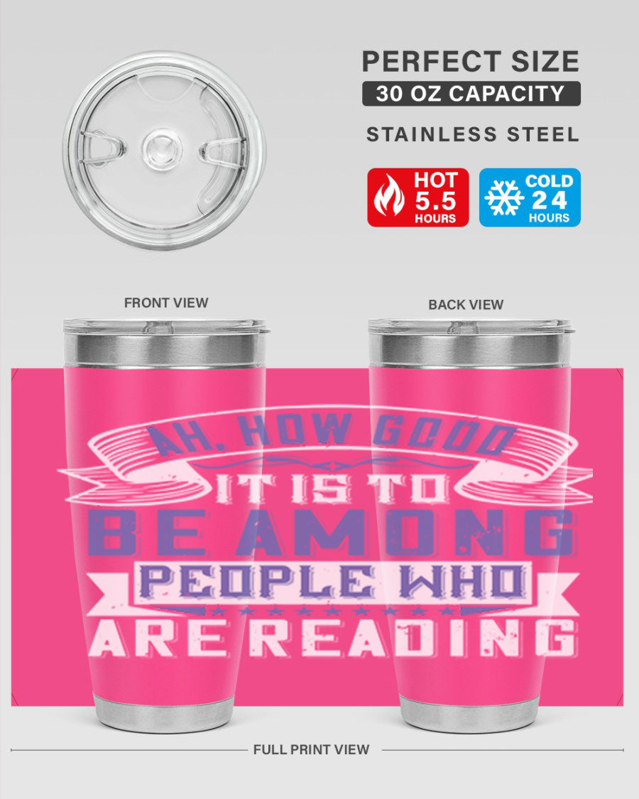 A stylish 20oz and 30oz stainless steel tumbler with a drink-thru lid, perfect for keeping beverages hot or cold while reading.