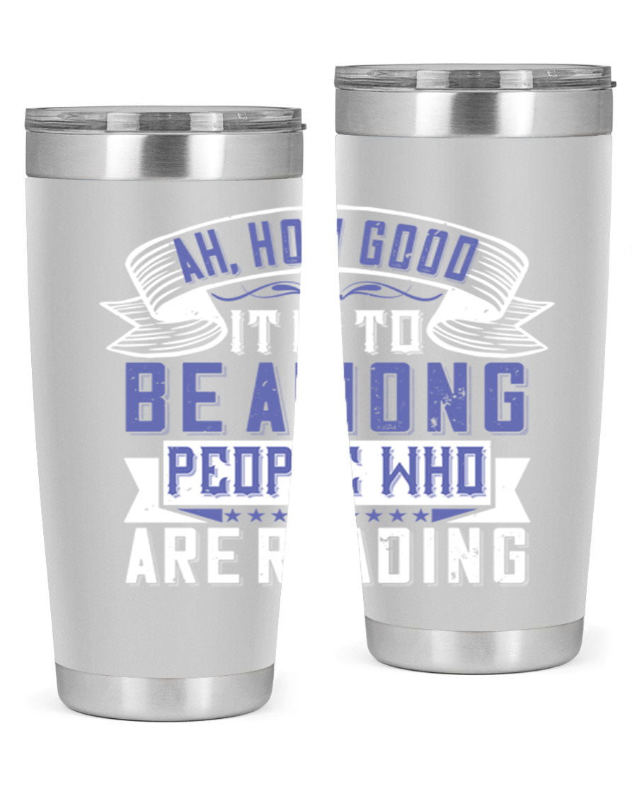 A stylish 20oz and 30oz stainless steel tumbler with a drink-thru lid, perfect for keeping beverages hot or cold while reading.