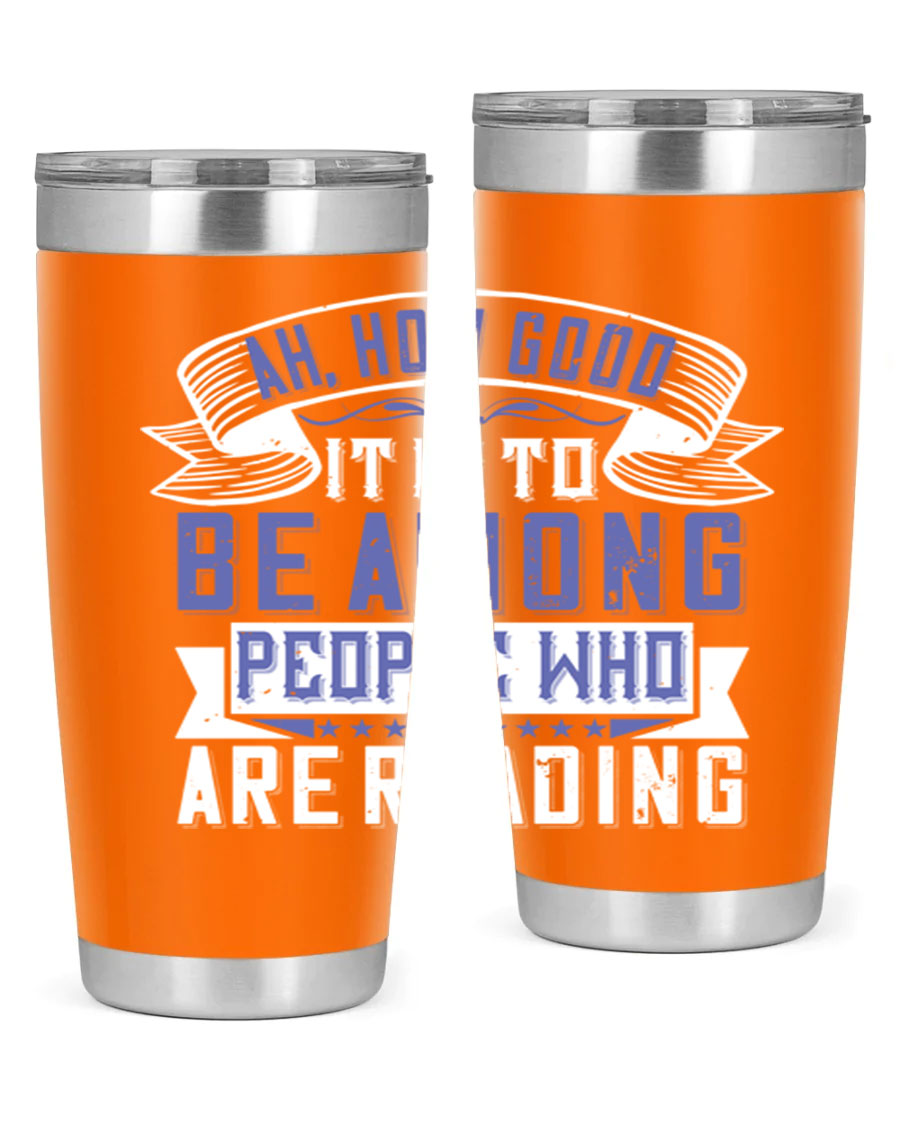 A stylish 20oz and 30oz stainless steel tumbler with a drink-thru lid, perfect for keeping beverages hot or cold while reading.