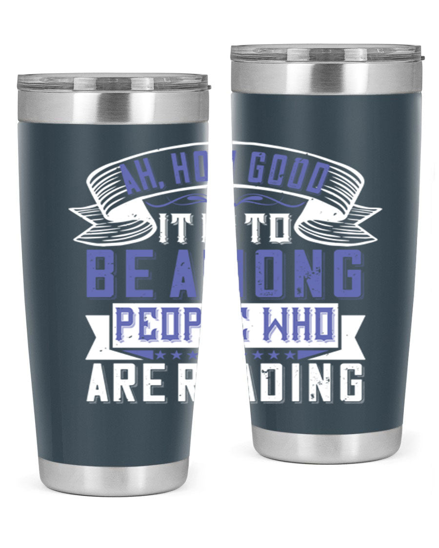 A stylish 20oz and 30oz stainless steel tumbler with a drink-thru lid, perfect for keeping beverages hot or cold while reading.