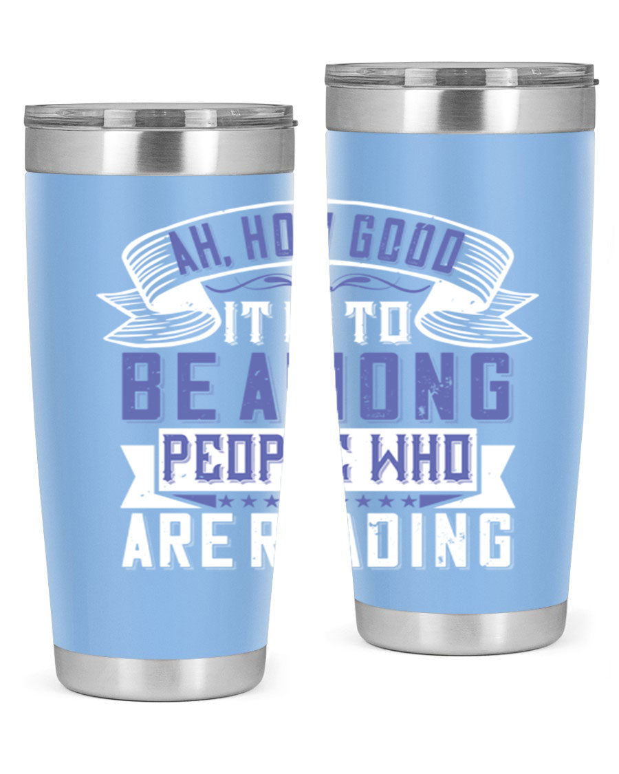 A stylish 20oz and 30oz stainless steel tumbler with a drink-thru lid, perfect for keeping beverages hot or cold while reading.