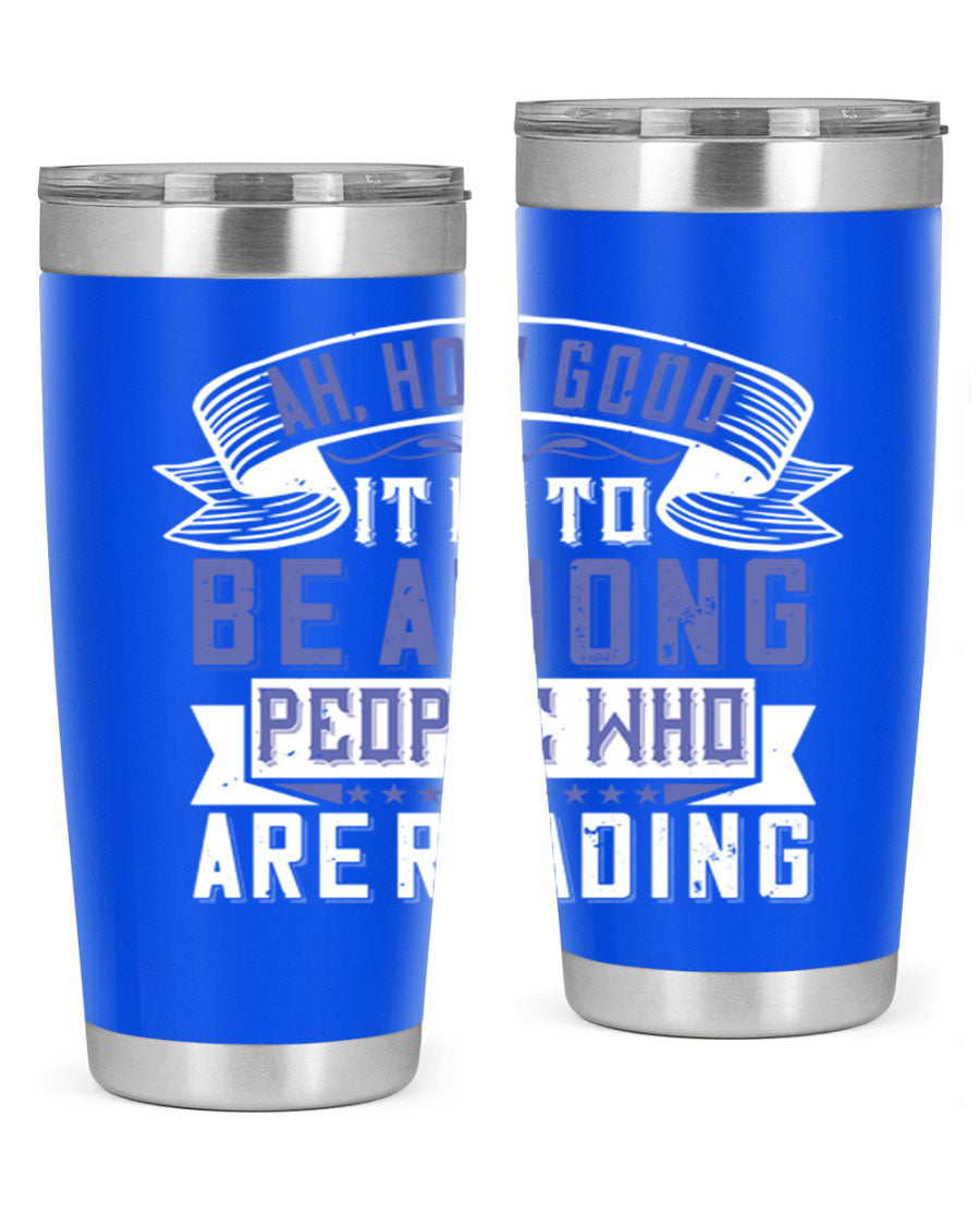 A stylish 20oz and 30oz stainless steel tumbler with a drink-thru lid, perfect for keeping beverages hot or cold while reading.