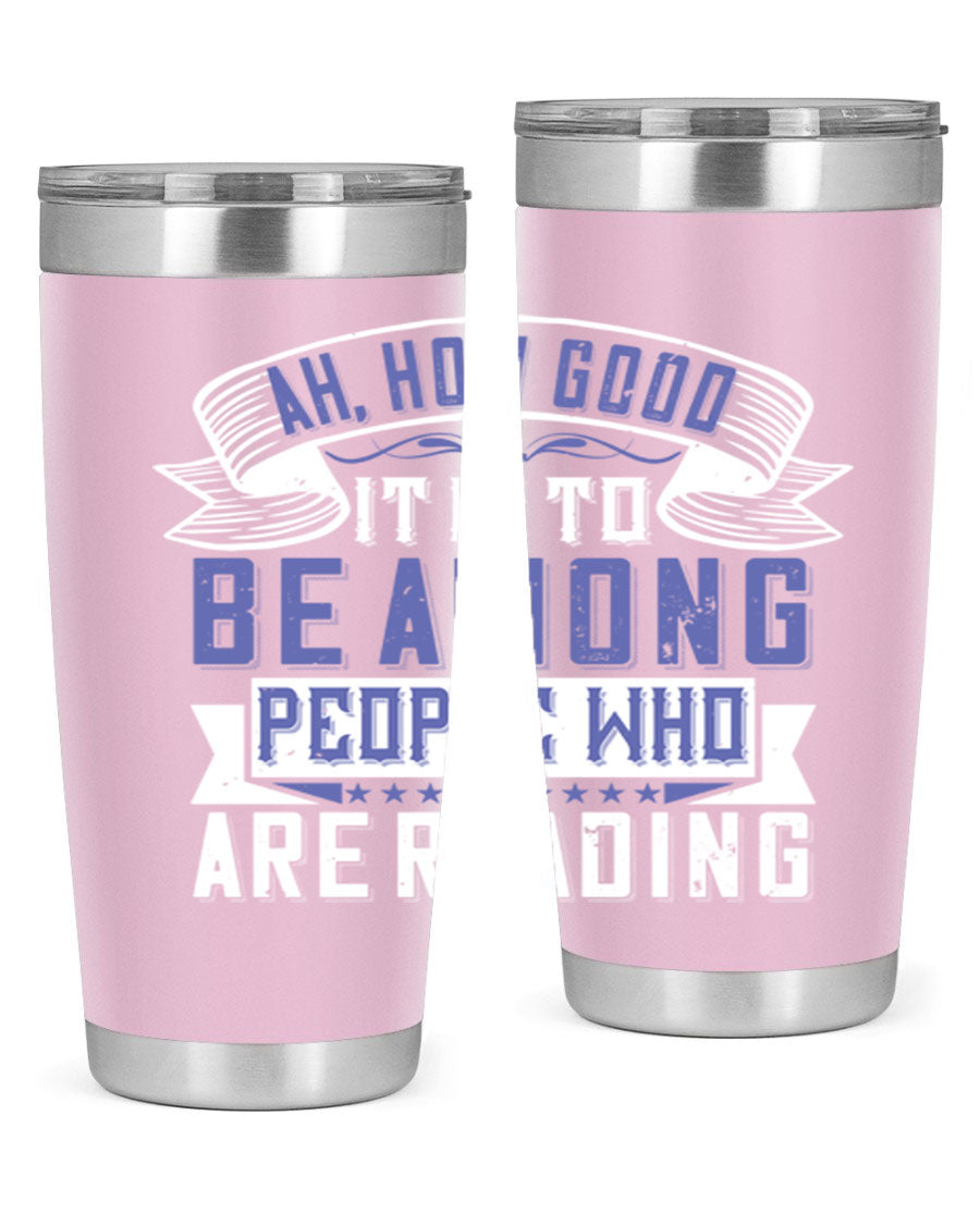 A stylish 20oz and 30oz stainless steel tumbler with a drink-thru lid, perfect for keeping beverages hot or cold while reading.