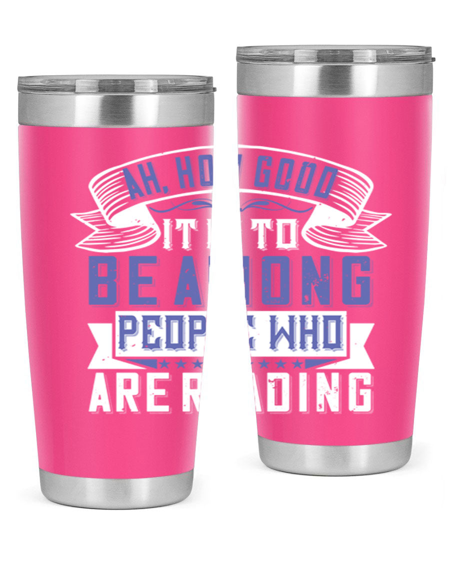 A stylish 20oz and 30oz stainless steel tumbler with a drink-thru lid, perfect for keeping beverages hot or cold while reading.