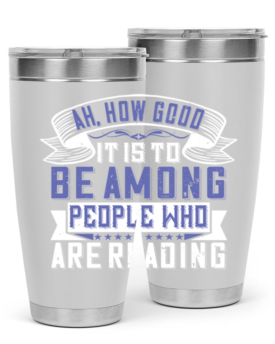 A stylish 20oz and 30oz stainless steel tumbler with a drink-thru lid, perfect for keeping beverages hot or cold while reading.