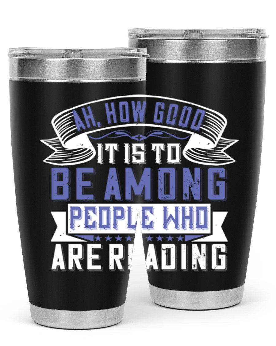 A stylish 20oz and 30oz stainless steel tumbler with a drink-thru lid, perfect for keeping beverages hot or cold while reading.