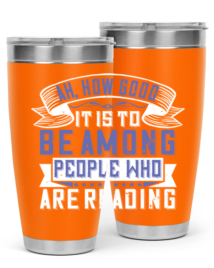 A stylish 20oz and 30oz stainless steel tumbler with a drink-thru lid, perfect for keeping beverages hot or cold while reading.