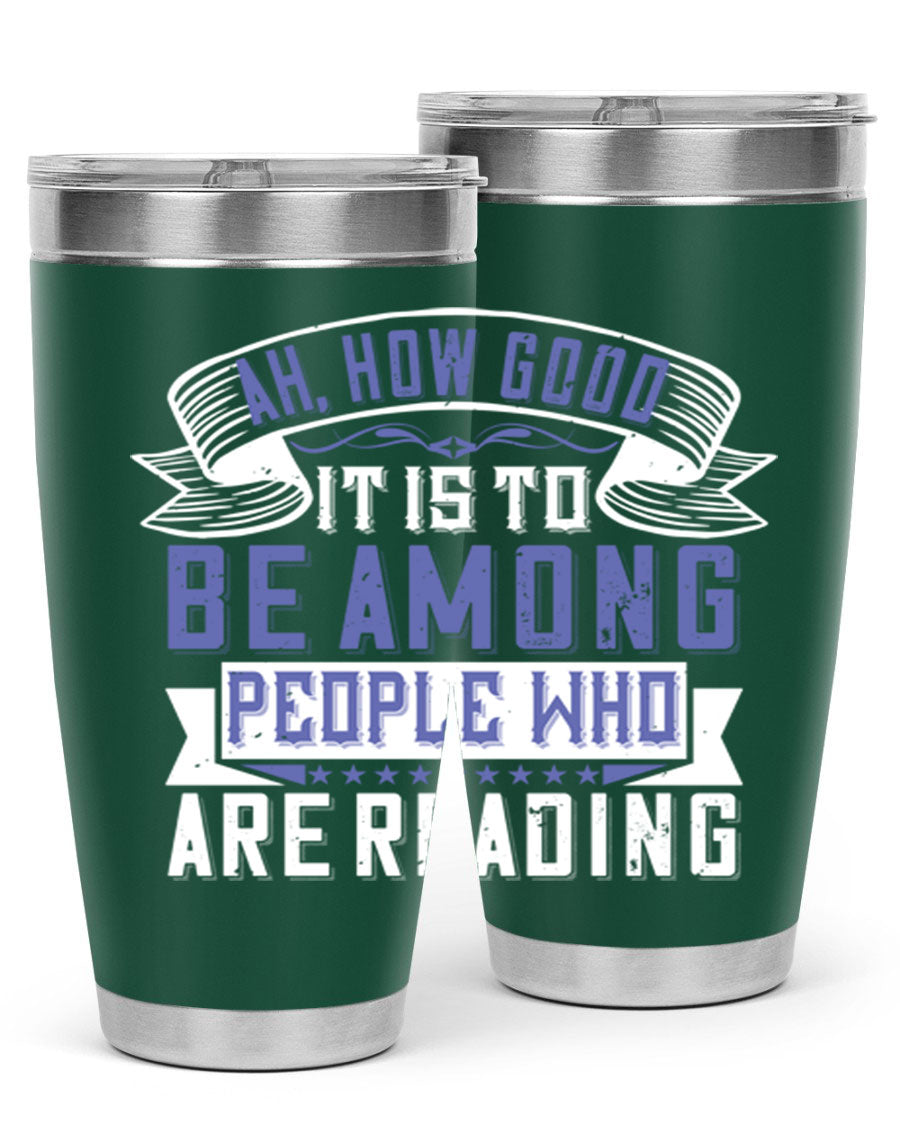A stylish 20oz and 30oz stainless steel tumbler with a drink-thru lid, perfect for keeping beverages hot or cold while reading.