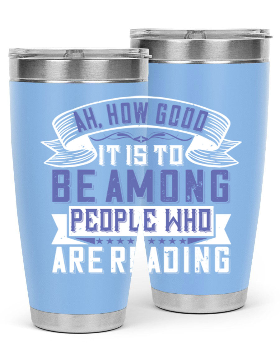 A stylish 20oz and 30oz stainless steel tumbler with a drink-thru lid, perfect for keeping beverages hot or cold while reading.