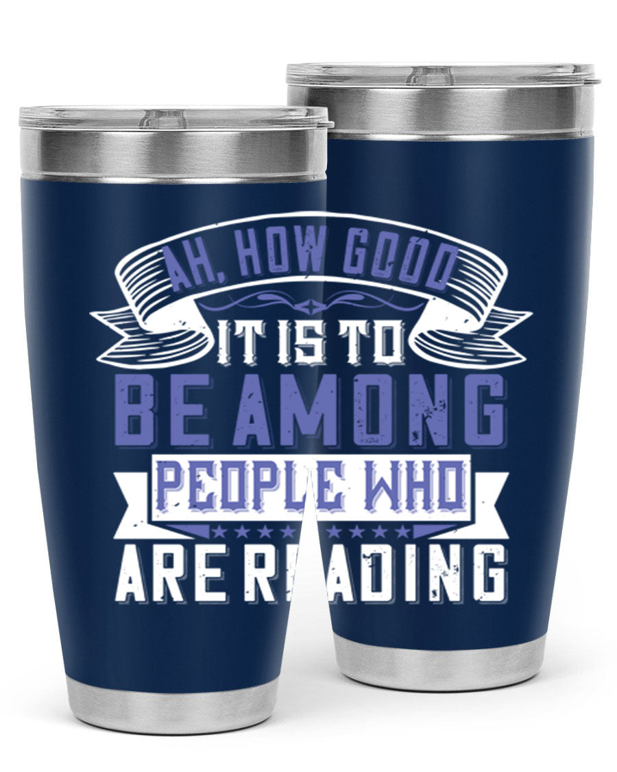 A stylish 20oz and 30oz stainless steel tumbler with a drink-thru lid, perfect for keeping beverages hot or cold while reading.