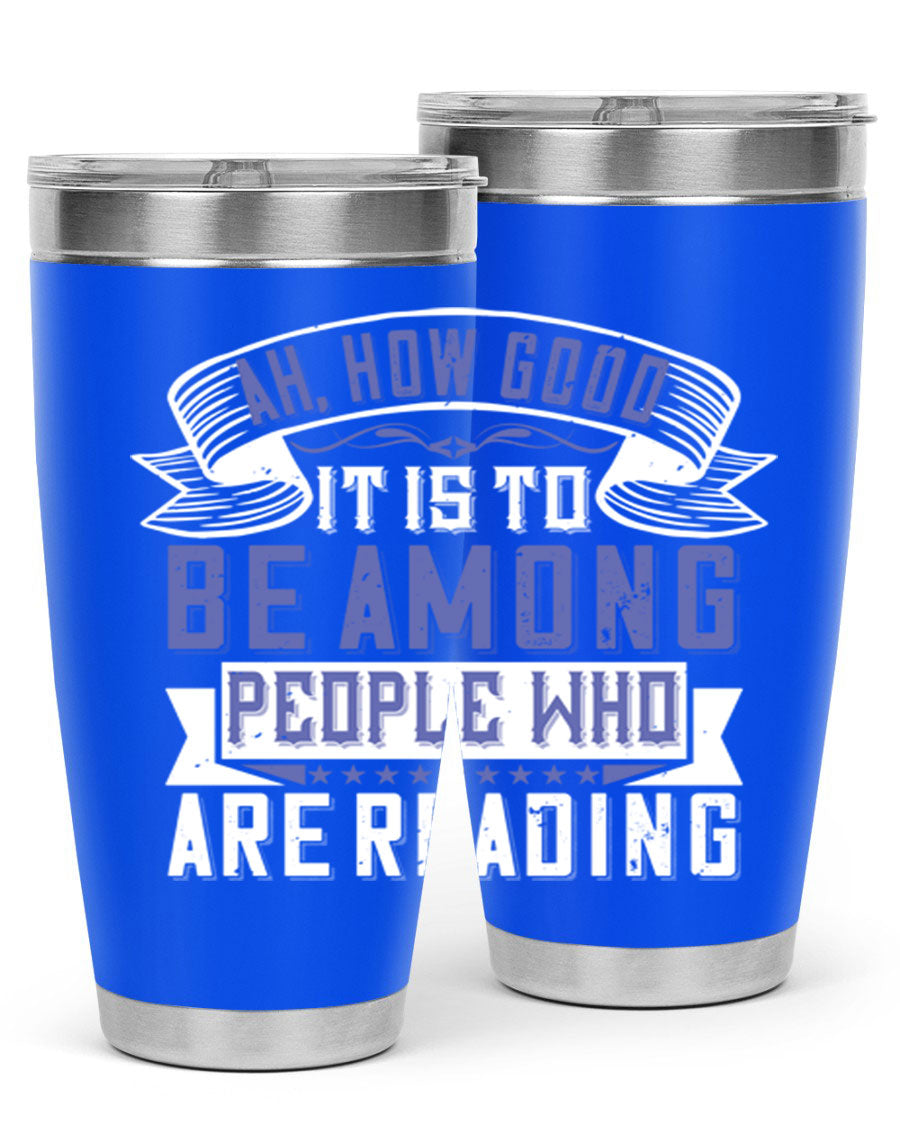 A stylish 20oz and 30oz stainless steel tumbler with a drink-thru lid, perfect for keeping beverages hot or cold while reading.