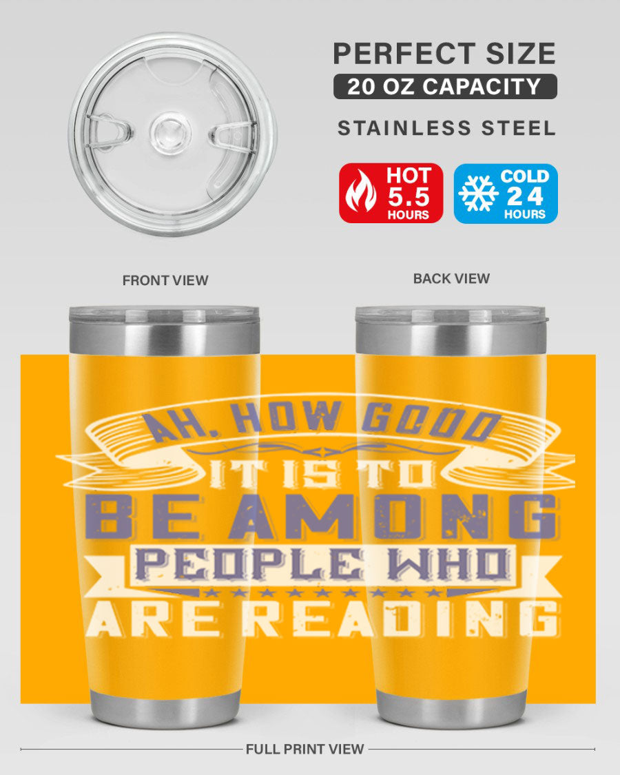 A stylish 20oz and 30oz stainless steel tumbler with a drink-thru lid, perfect for keeping beverages hot or cold while reading.