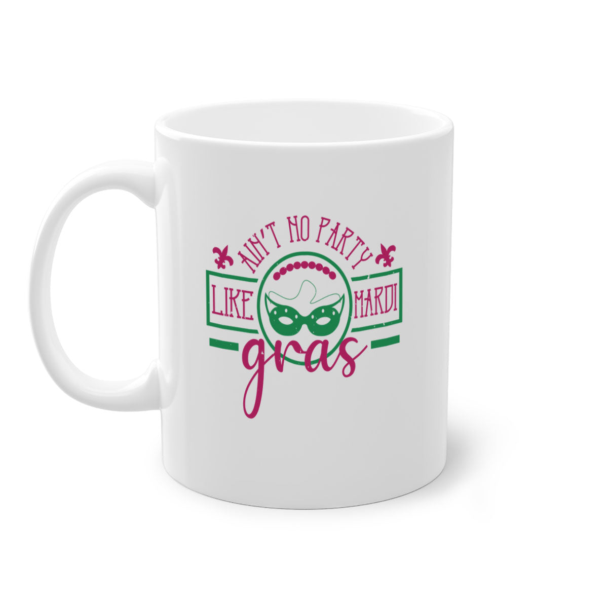 A vibrant two-tone Mardi Gras mug featuring a colored handle and glossy finish, perfect for coffee or tea.