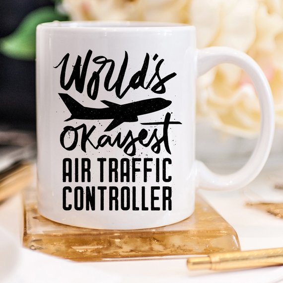 Air Traffic Controller Mug in white ceramic with vibrant design on both sides, perfect for aviation enthusiasts.