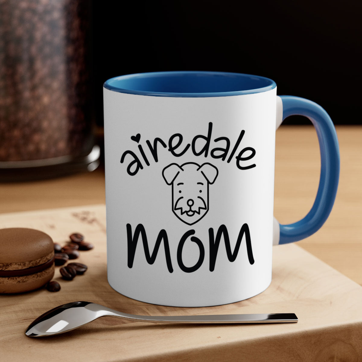 A stylish Airedale Mom mug with a glossy finish, featuring a colored handle and interior, available in multiple colors.
