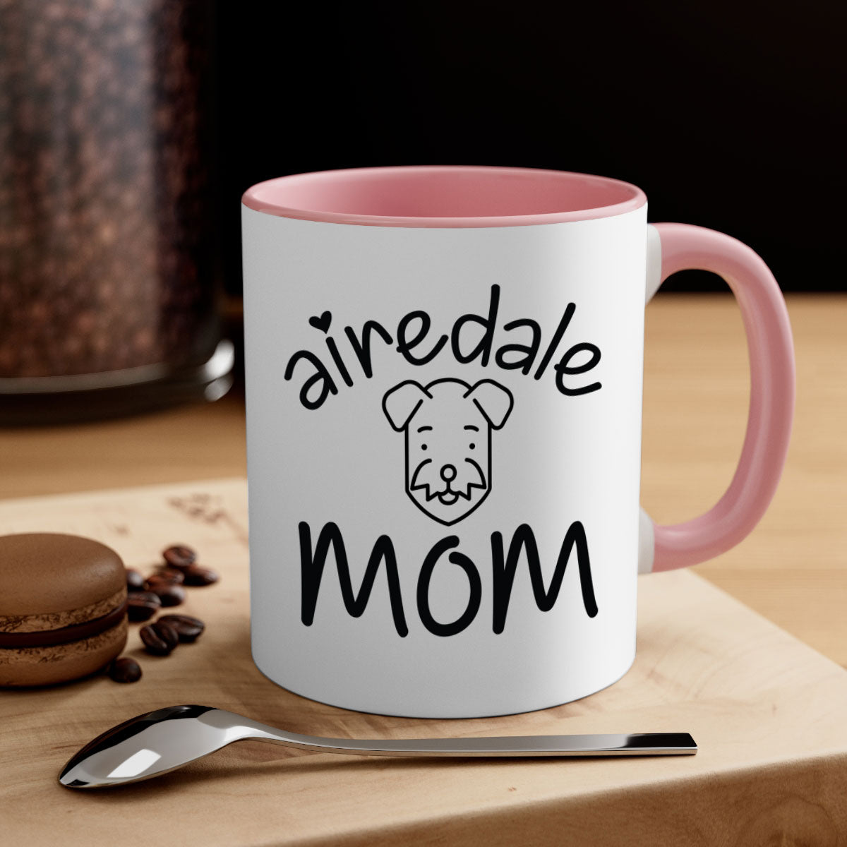 A stylish Airedale Mom mug with a glossy finish, featuring a colored handle and interior, available in multiple colors.