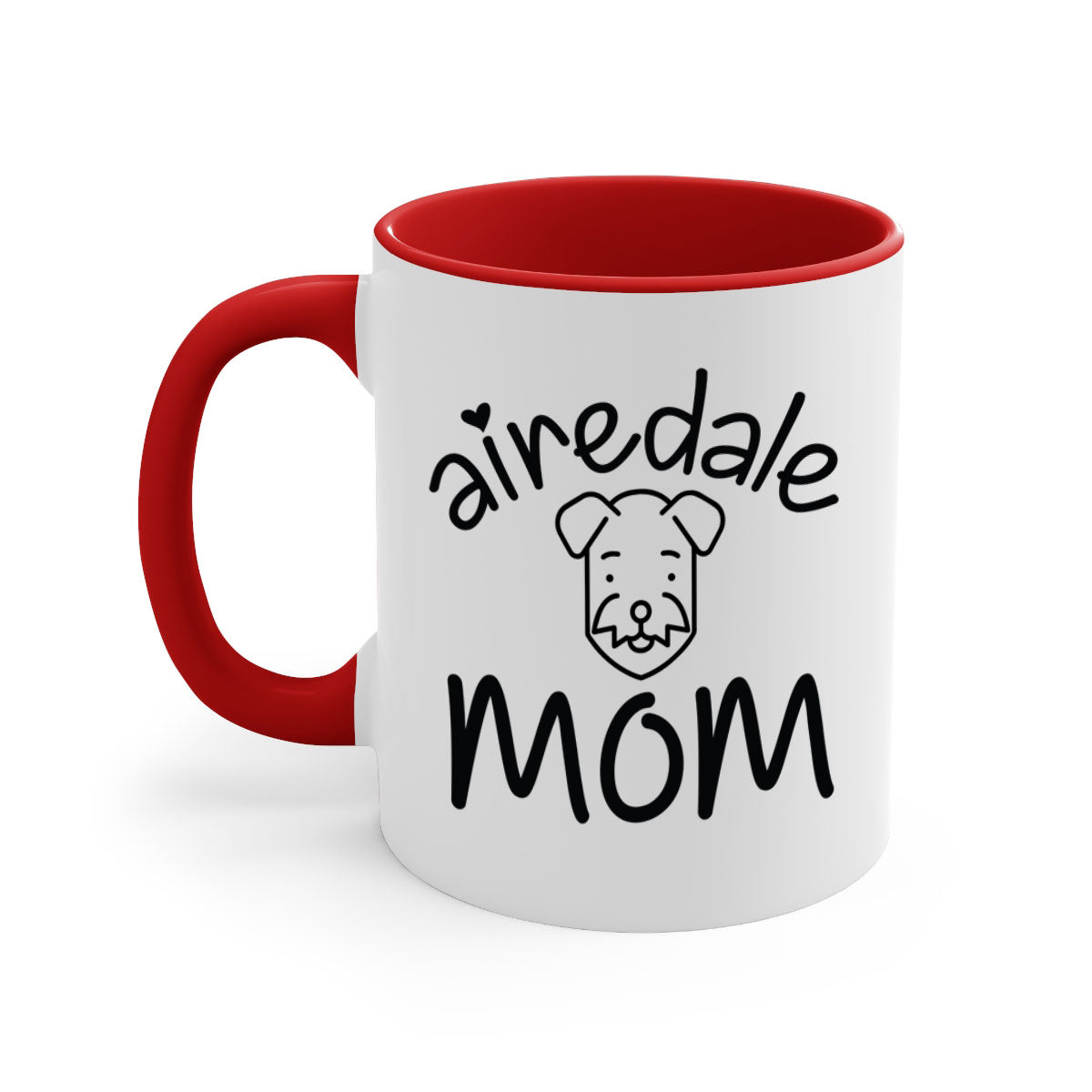 A stylish Airedale Mom mug with a glossy finish, featuring a colored handle and interior, available in multiple colors.