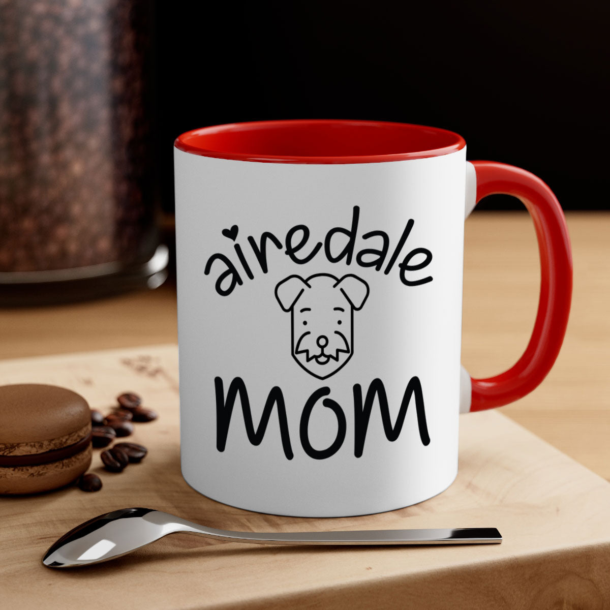 A stylish Airedale Mom mug with a glossy finish, featuring a colored handle and interior, available in multiple colors.