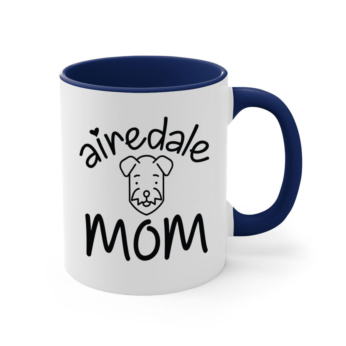 A stylish Airedale Mom mug with a glossy finish, featuring a colored handle and interior, available in multiple colors.