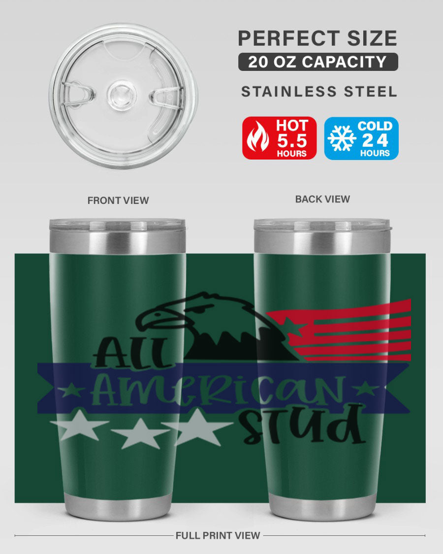 All American Stud Style 142# tumbler featuring a patriotic design, double wall vacuum insulation, and a press-in lid, ideal for hot and cold beverages.