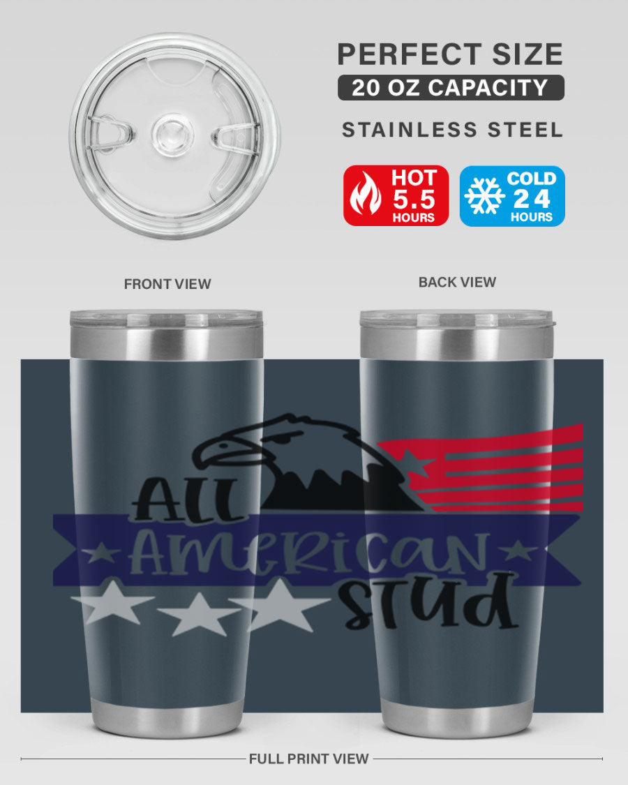 All American Stud Style 142# tumbler featuring a patriotic design, double wall vacuum insulation, and a press-in lid, ideal for hot and cold beverages.