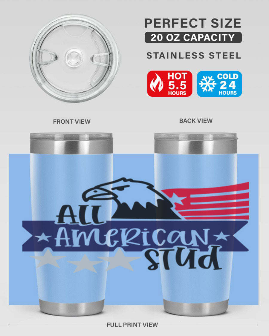 All American Stud Style 142# tumbler featuring a patriotic design, double wall vacuum insulation, and a press-in lid, ideal for hot and cold beverages.