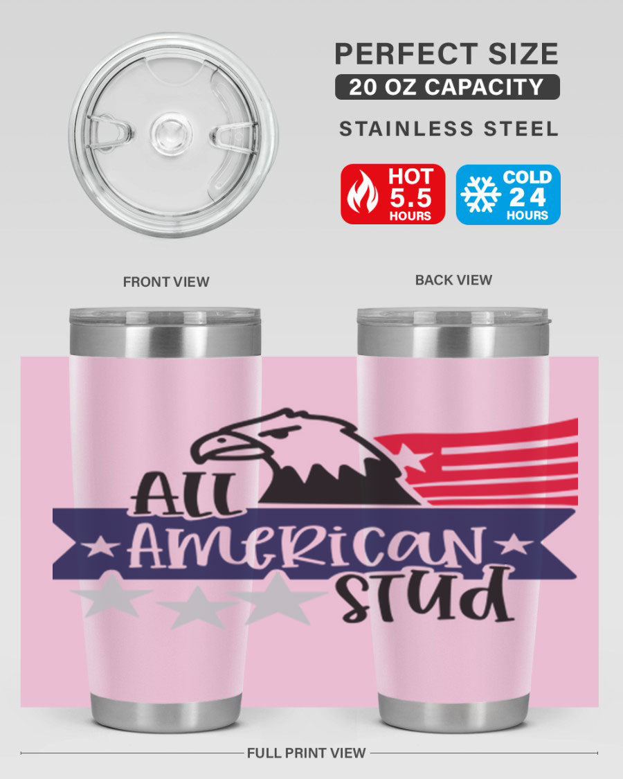 All American Stud Style 142# tumbler featuring a patriotic design, double wall vacuum insulation, and a press-in lid, ideal for hot and cold beverages.