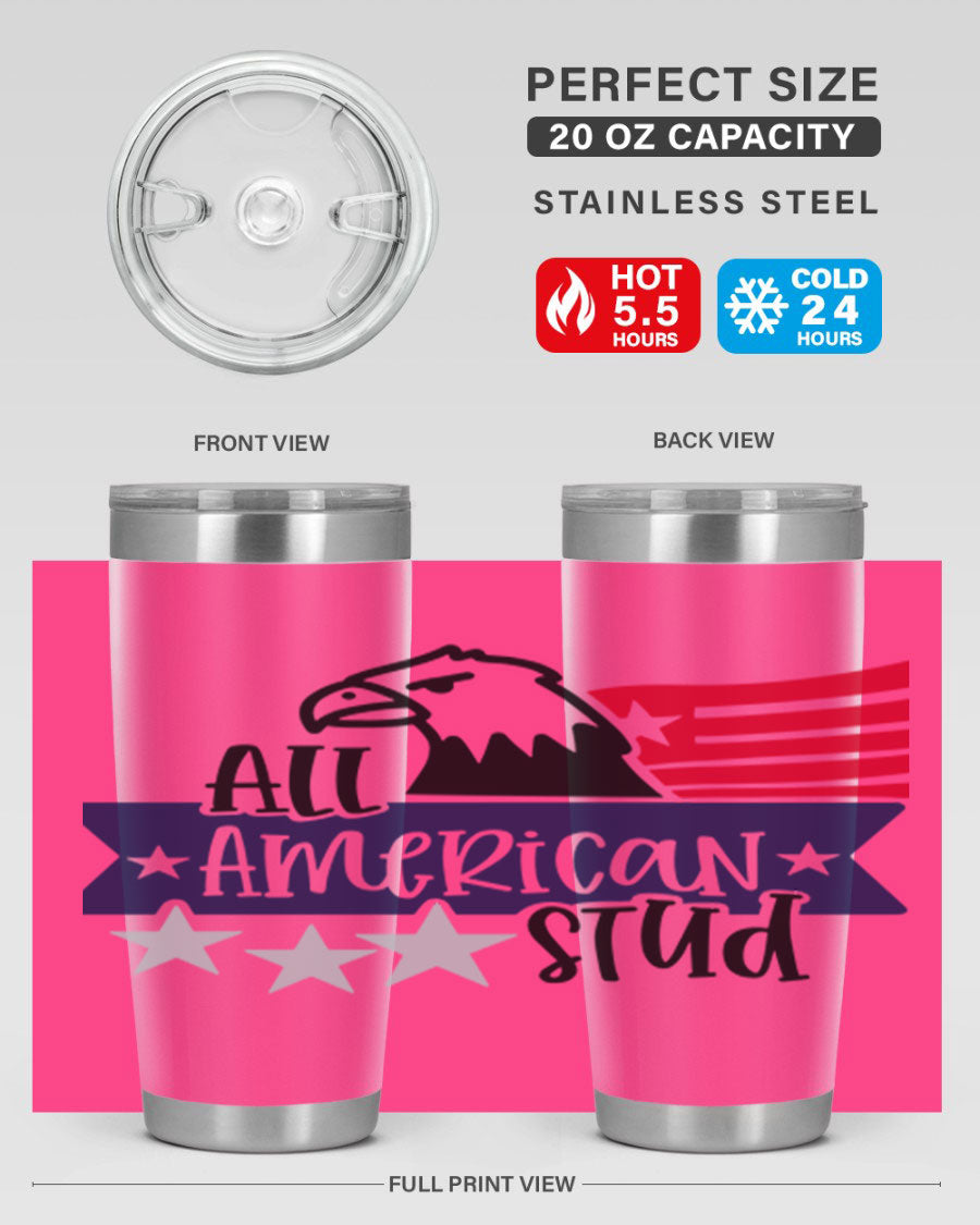 All American Stud Style 142# tumbler featuring a patriotic design, double wall vacuum insulation, and a press-in lid, ideal for hot and cold beverages.