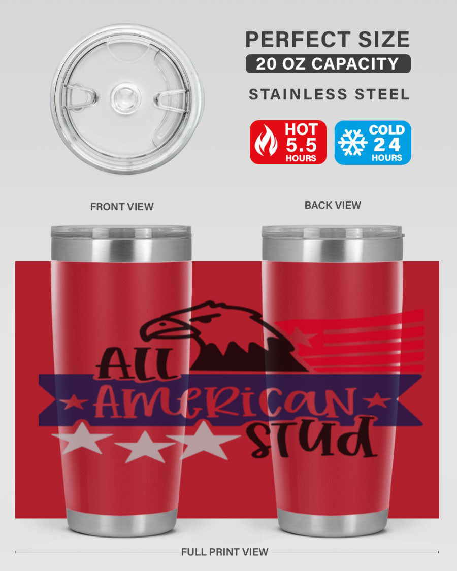 All American Stud Style 142# tumbler featuring a patriotic design, double wall vacuum insulation, and a press-in lid, ideal for hot and cold beverages.