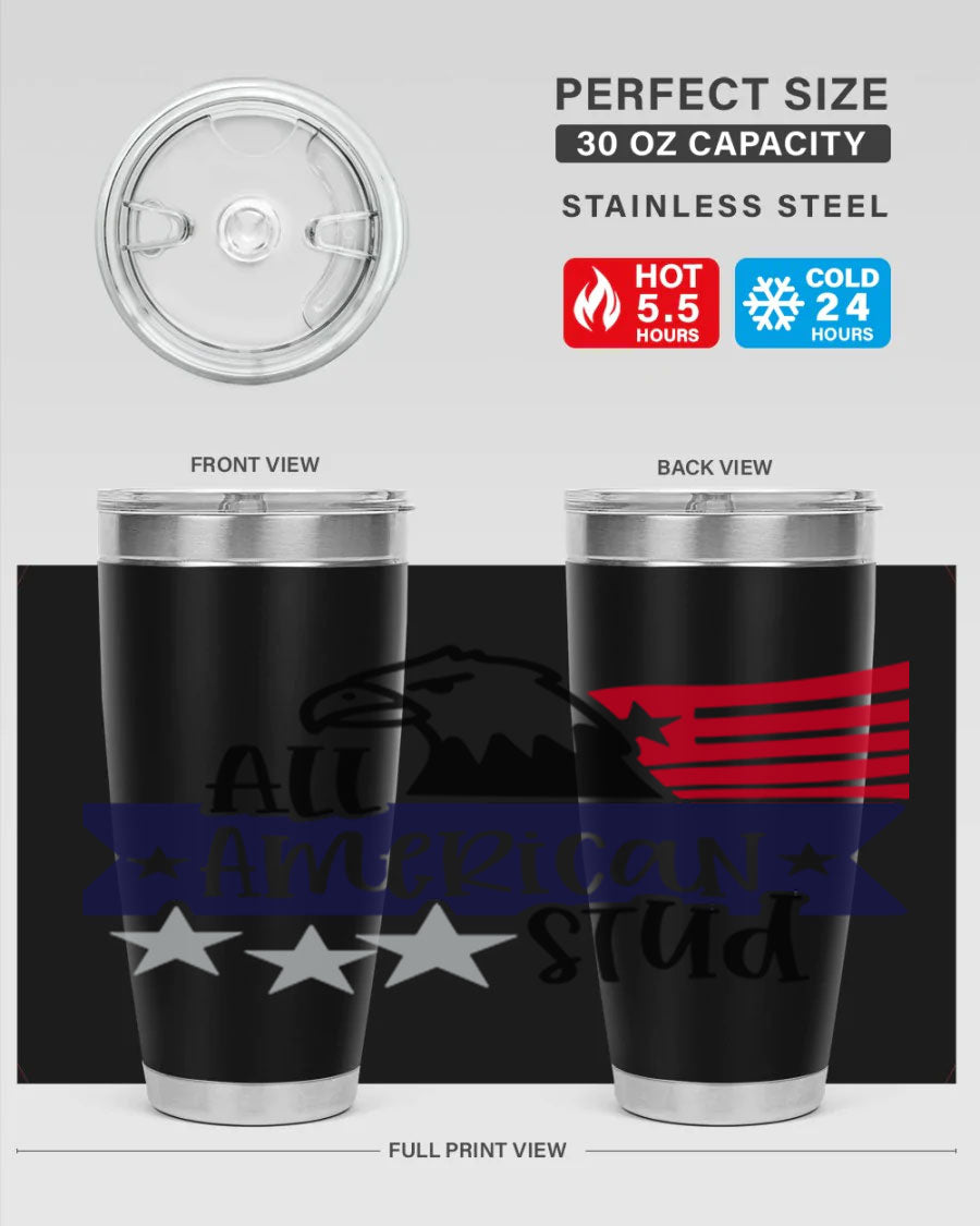 All American Stud Style 142# tumbler featuring a patriotic design, double wall vacuum insulation, and a press-in lid, ideal for hot and cold beverages.