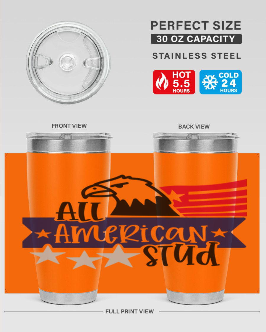 All American Stud Style 142# tumbler featuring a patriotic design, double wall vacuum insulation, and a press-in lid, ideal for hot and cold beverages.